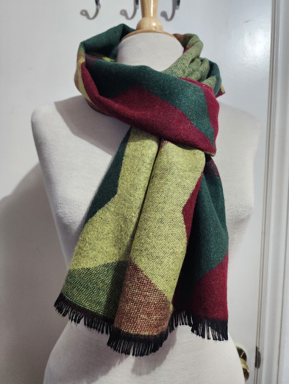 100% Cashmere Geometric Long Colorblock Wrap Scarf Burgundy Green